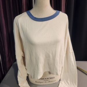 We The Free Cream Waffle Knit Thermal Long Sleeve Shirt Blue Trim Trim